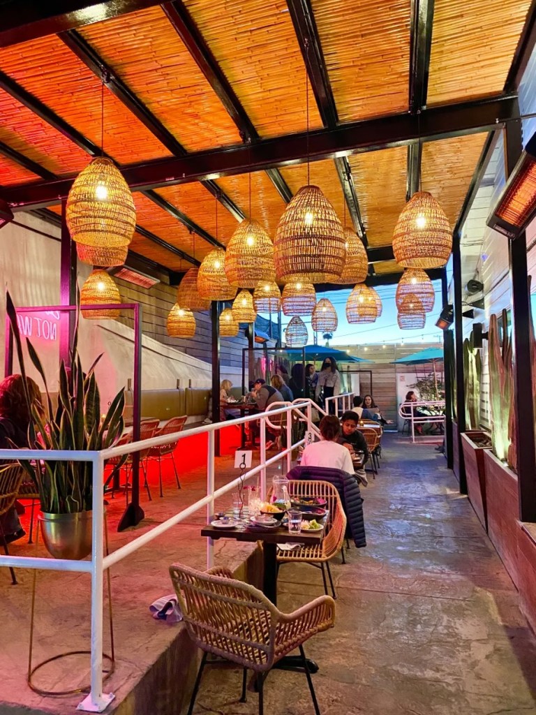 Photo of outdoor patio at dusk